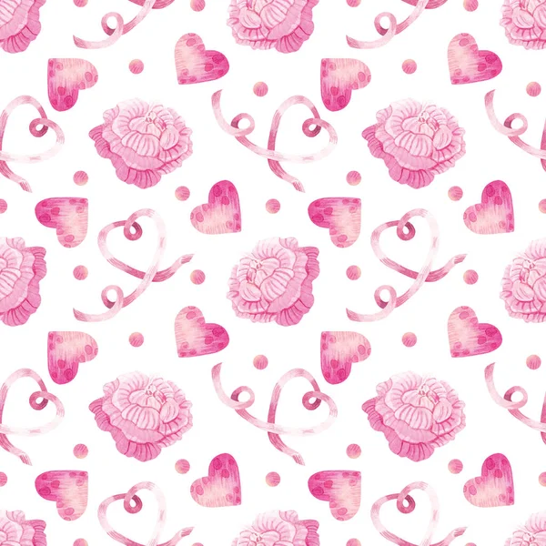 Nahtloses Muster Mit Rosen Bändern Und Herzen Zum Thema Liebe — Stockfoto