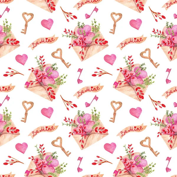 Seamless bright pattern with postal envelope, ribbons and hearts.  Illustration with love. Hand-drawn watercolor background for wrapping paper, design, fabrics, cards and other purposes.