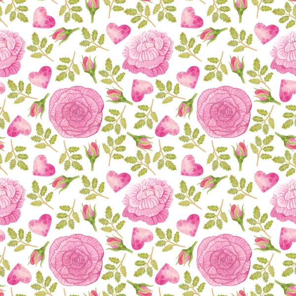Aquarell Helles Nahtloses Muster Mit Rosen Blättern Und Herzen Pinkfarbene — Stockfoto