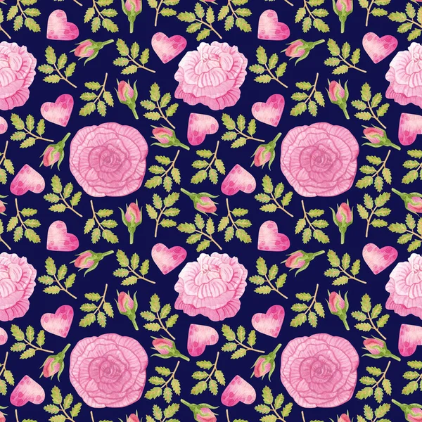 Aquarell Kontrastiert Nahtlose Muster Mit Rosen Blättern Und Herzen Pinkfarbene — Stockfoto