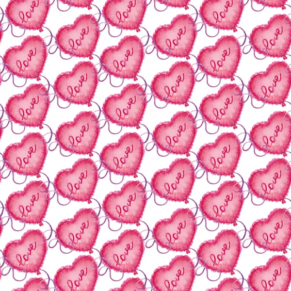 Patrón Acuarela Brillante Con Una Gran Cantidad Globos Forma Corazón —  Fotos de Stock