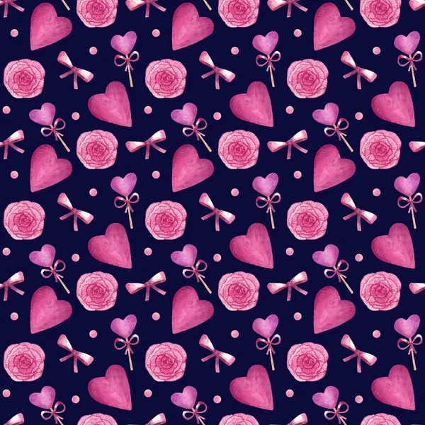 Seamless dark pattern with candies, roses and hearts on love theme.  Valentines day illustration. Hand drawn watercolor background for wrapping paper, design, fabrics, cards and other purposes.