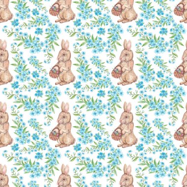 El yapımı Paskalya suluboya deseni. Bahar pürüzsüz arka plan. Bahar çiçekli doku, Paskalya tavşanı, unutma beni, tasarım için paskalya yumurtası, kumaş, ambalaj kağıdı, dekorasyon, kartpostal vs.