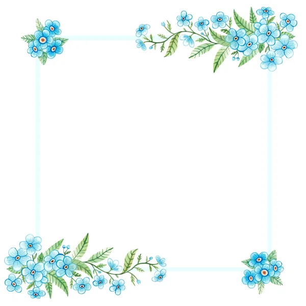 Hand Drawn Watercolor Frame Square Flower Border Forget Leaves Design — Stock Photo, Image