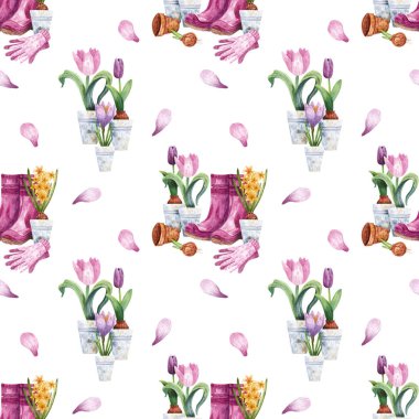 Elle çizilmiş, dikişsiz, çuha çiçekli suluboya desen. Laleler, lastik botlar, eldivenler, sümbüller, timsahlar, taç yaprakları. Tasarım, kumaş vs. için saksıda bitkilerin bulunduğu botanik doku..