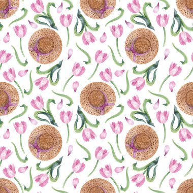 Elle çizilmiş suluboya deseni. Bahar çiçekleri. Pembe laleler, yapraklar, taç yaprakları ve fiyonklu hasır şapka. Kağıt, kumaş, hatıra defteri ve diğer amaçlar için beyaz botanik arka plan.