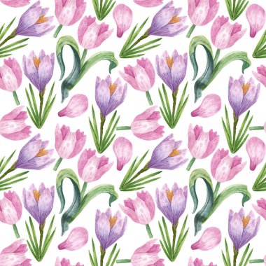 Elle çizilmiş suluboya desenler. Mor timsah desenli, pembe laleli ve taç yapraklı. Tasarım, ambalaj kağıdı, hatıra defteri, kumaş vs. için bahar çiçekleri ile parlak arkaplan.