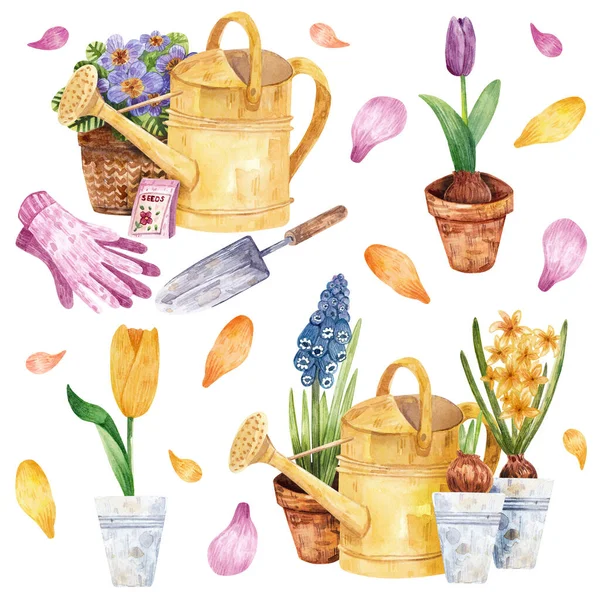 Set Floral Hand Drawn Watercolor Illustrations Gardening Garden Tools Spring — Stock Photo, Image