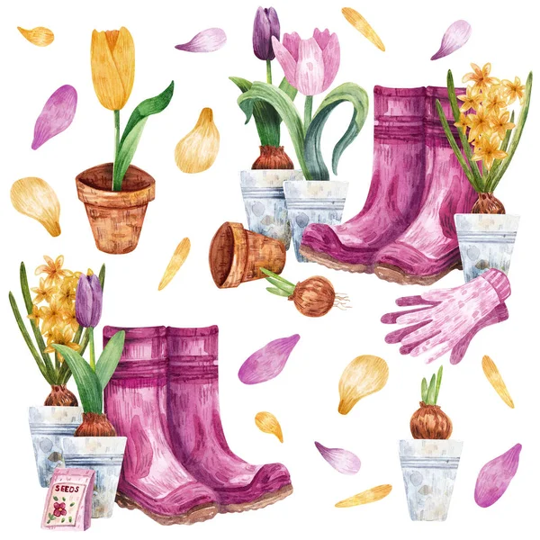 Set Floral Hand Drawn Watercolor Illustrations Gardening Garden Tools Spring — Stock Photo, Image