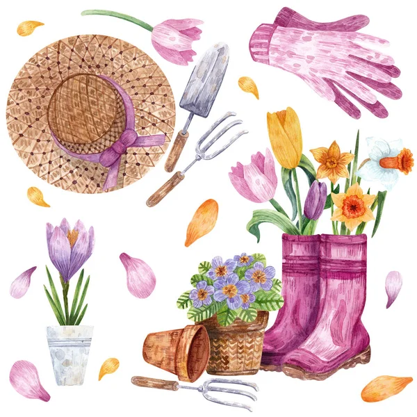 Set Floral Hand Drawn Watercolor Illustrations Gardening Garden Tools Spring — Stock Photo, Image