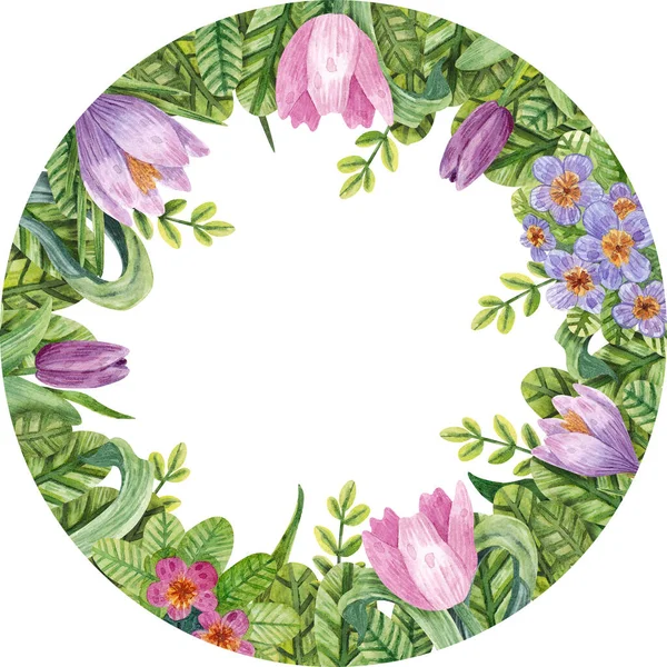 Hand Drawn Frame Primroses Wreath Tulips Primula Crocuses Leaves Botanical — Stock Photo, Image