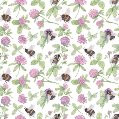 Yaz temalı el yapımı suluboya desenler. Yaban arıları, yapraklar, çiçekler ve yonca yapraklarıyla aydınlık bir zemin. Tasarım, duvar kağıdı, kumaş, baskılar, kartpostallar için botanik illüstrasyon.