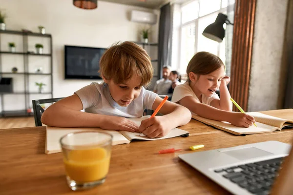 A kisgyerekek együtt tanulnak otthon a számítógépen. — Stock Fotó