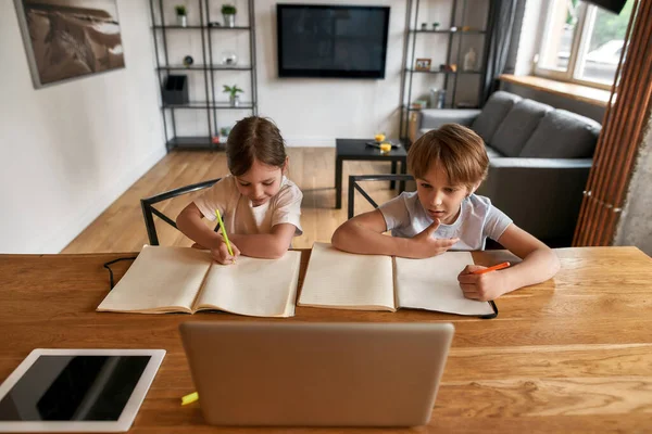 Small kids study online on computer on home lockdown — Stock Photo, Image