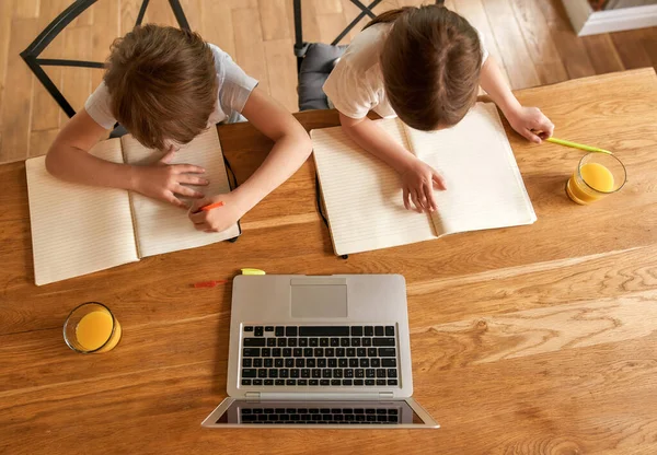 Зверху діти роблять домашнє завдання за допомогою комп'ютера — стокове фото