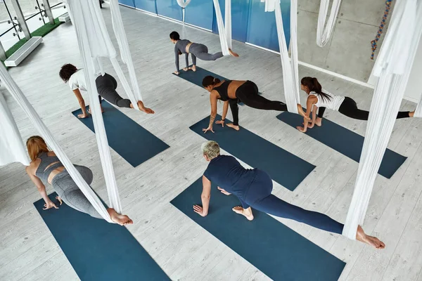 Sportieve diverse vrouwelijke groep doen vliegen yoga op hangmatten — Stockfoto