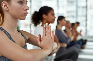 Çeşitli aktif kadınlar sınıfta yoga antrenmanı yapıyor.