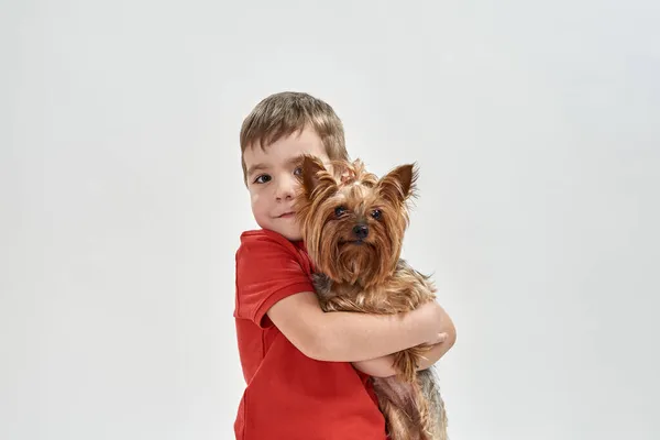 Маленький козацький хлопчик, який обіймає собаку - тер "єра Йоркшира. — стокове фото