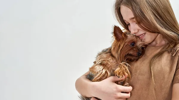 Кавказька дівчинка обіймає чистокровну собаку - тер "єра Йоркшира. — стокове фото