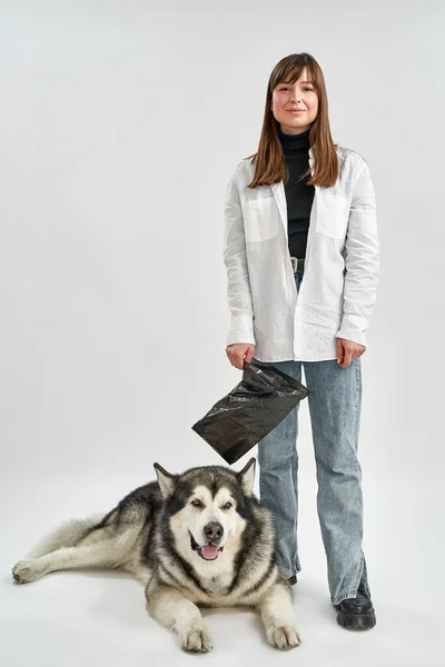 Девушка держит пакет для чистки собак возле Сибирского Хаски — стоковое фото