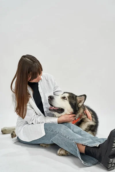 Κορίτσι που αγκαλιάζει και κοιτάζει το Σιβηρικό Χάσκι σκυλί — Φωτογραφία Αρχείου