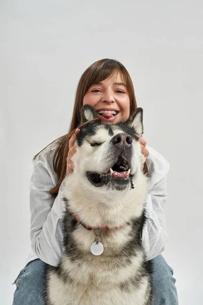 Καυκάσια γυναίκα αστειεύεται με το Σιβηρικό Χάσκι σκυλί — Φωτογραφία Αρχείου