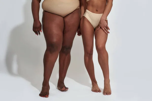 两名身穿不同重量内裤的妇女在灰蒙蒙的背景下被截断的腿 — 图库照片