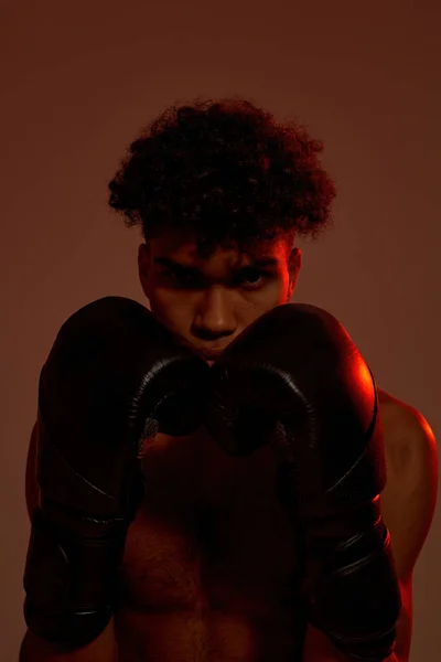 Boxer em luvas de boxe posar e olhar para a câmera — Fotografia de Stock