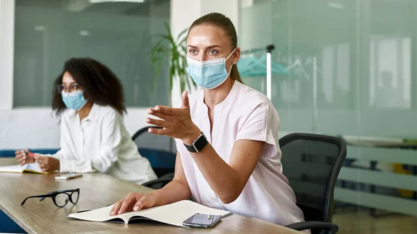 Employee look and point with hand on colleague —  Fotos de Stock