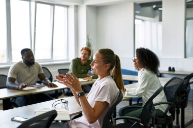 Female worker tell to boss or colleague at meeting