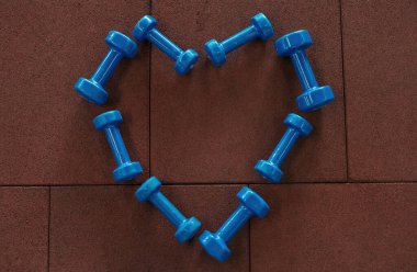 Spor salonunda kalp şeklinde dambılların üst görüntüsü