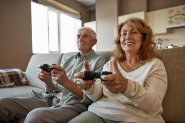 Yaşlı çift joysticklerle video oyunu oynuyor