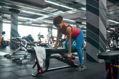 Kiz, trisepsler için halterlerle egzersiz yapiyor.