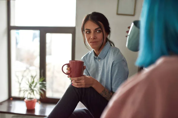 Morning time with beloved one. Attractive lesbian couple — Stock Photo, Image