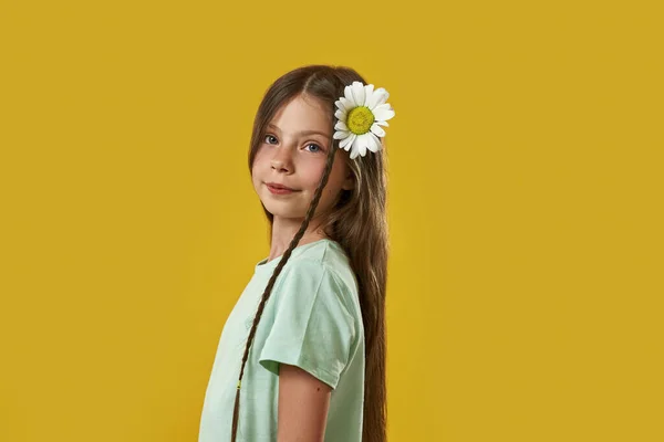 Boční pohled vážné dívky s heřmánkem ve vlasech — Stock fotografie