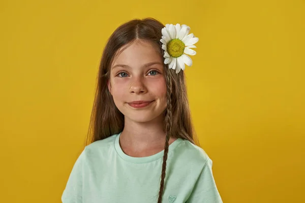 Portrét usměvavé dívky s heřmánkem ve vlasech — Stock fotografie