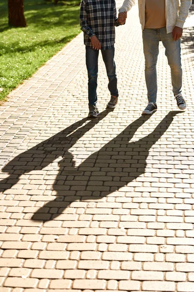 Dad and teenage son walk on pavement in sunny park — Foto de Stock