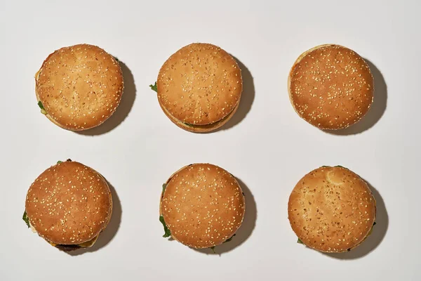 Top view of two rows with six appetizing burgers — Stok fotoğraf