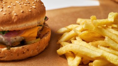 Burger and french fries on craft recyclable paper