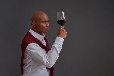 Konsantre olmuş yetişkin şarap imalatçısı ya da şarap garsonunun kırmızı şarapla bardağa bakıp keşfetmesi. Şarap tatma. Hayvanat bahçesi ve şarap üretimi. Stüdyodaki gri arka planda izole edilmiş. Boşluğu kopyala