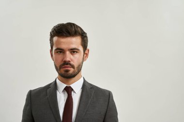 Kameraya bakan kendine güvenen beyaz girişimcinin kısmi portresi. Resmi kıyafetler giyen sakallı adam. Modern başarılı erkek yaşam tarzı kavramı. Beyaz arka planda izole edilmiş. Stüdyo çekimi. 