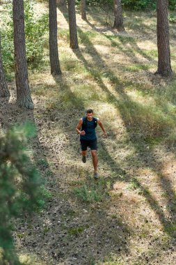 Kozalaklı ormanda koşan ya da koşan Kafkasyalı genç sporcuların en iyi görüntüsü. Yakışıklı, sakallı, siyah saçlı spor giyimli bir adam. Modern sağlıklı yaşam tarzı kavramı. Güneşli yaz günü