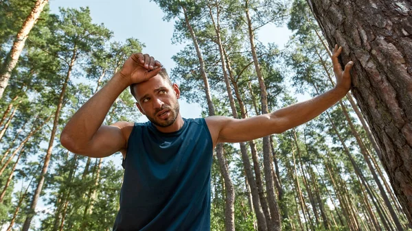 Bottom view of exhausted young caucasian sportsman touching tree and resting after running in green forest. Handsome bearded man wear sportswear. Concept of modern healthy lifestyle. Sunny summer day