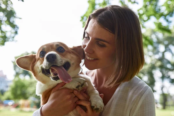 Partial Young Smiling Caucasian Girl Holding Looking Her Adorable Corgi — Stock Photo, Image
