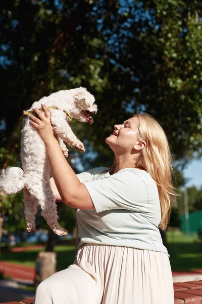 Side View Young Smiling Caucasian Girl Holding Looking Furry Maltese — Stock Photo, Image