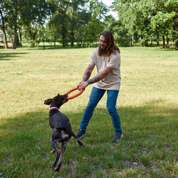 Caucasian Man Playing Kurzhaar Dog Dog Rubber Ring Green Lawn — Stock Photo, Image