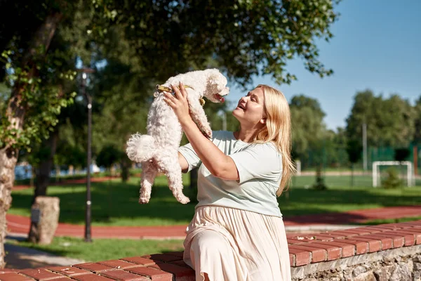 Young Pleased Caucasian Girl Holding Looking Her Beautiful Furry Maltese — Stock Photo, Image