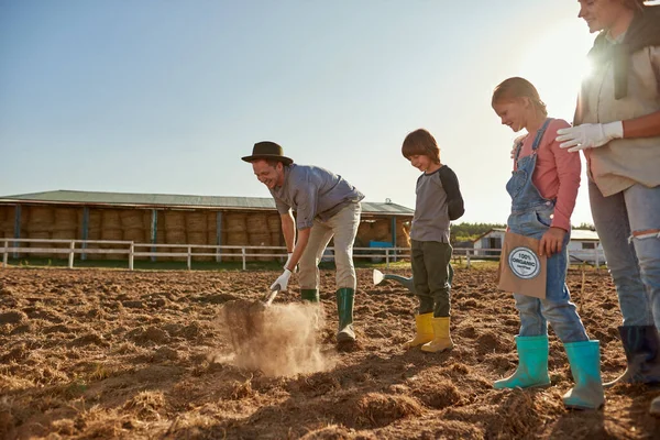 Mother, daughter and son looking at father digging ground with shovel on plow field for planting seeds on ranch or farm. Young caucasian family. Eco harvest. Modern countryside lifestyle. Agriculture