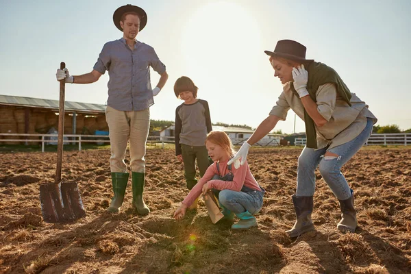 Dad and son looking at mother pointing with finger on ground hole for daughter throwing seeds on plow field on ranch or farm. Young caucasian family. Eco harvest. Modern village lifestyle. Agriculture