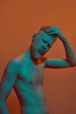 Kafasına dokunan ve kameraya bakan kendine güvenen beyaz adam. Çıplak gövdeli, zoomer kuşağından genç, sakallı sarışın bir adam. Turuncu arka planda izole edilmiş. Stüdyo çekimi. Boşluğu kopyala